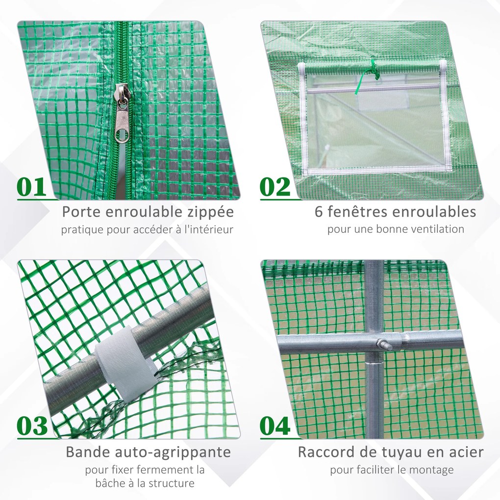 Estufa tipo túnel para jardim, 10,5 m², dimensões: 3,5 m (L) x 3 m (C) x 2 m (A), porta + 6 janelas enroláveis, aço galvanizado, lona de PE de alta de