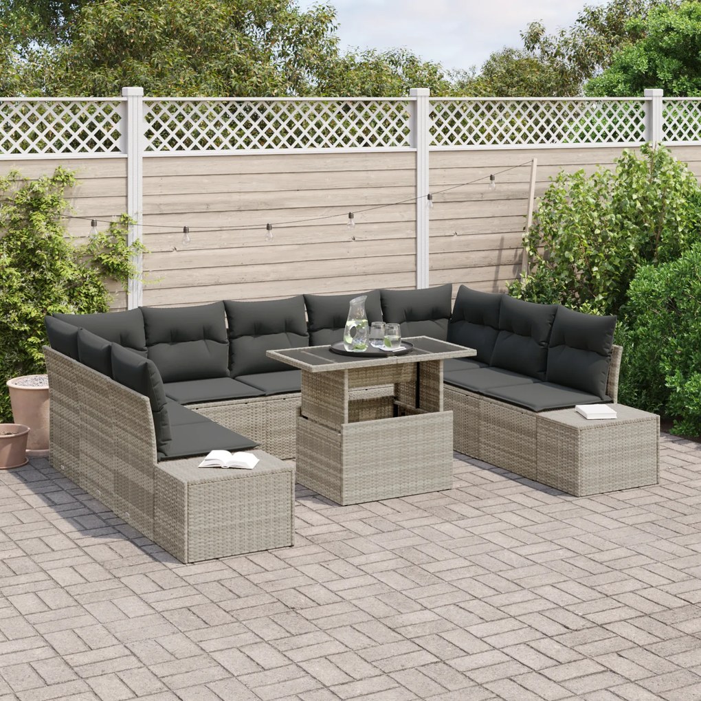 Conjunto de Sofá de Jardim com 10 Peças e Almofadas Cinza Claro em Rat