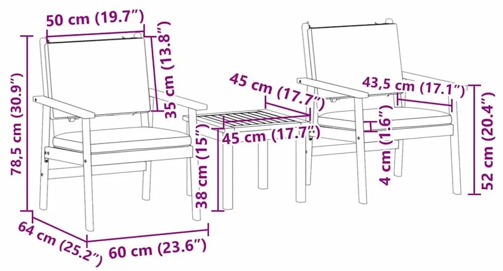 Conjunto de Bistro de Jardim 3 Peças com Almofadas em Madeira Sólida d