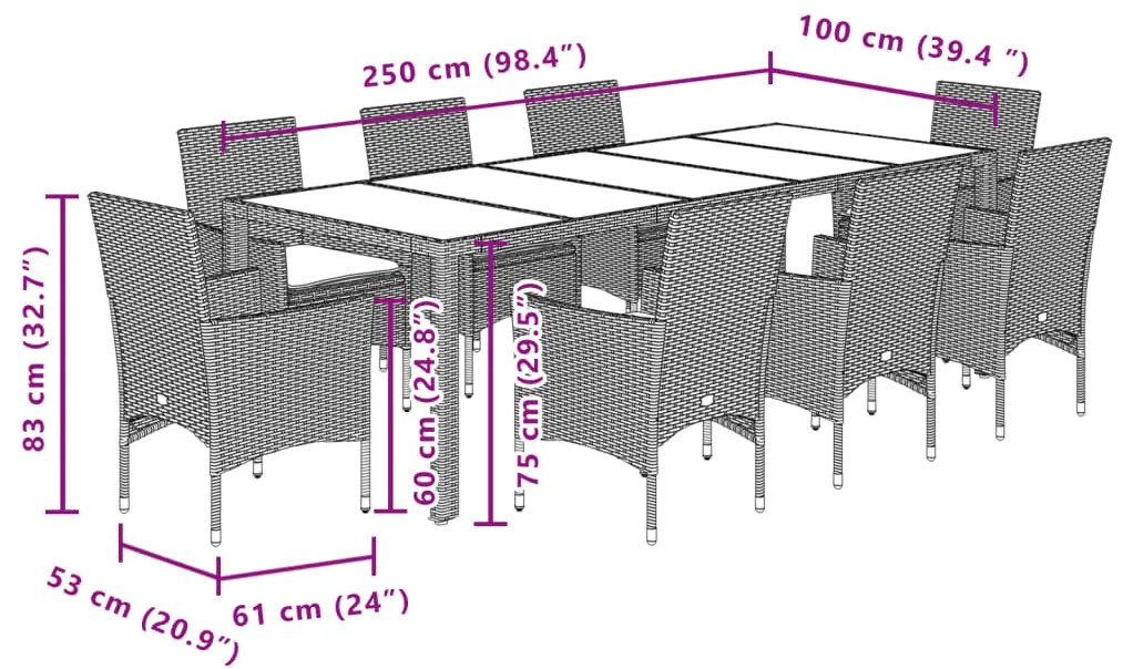 9 pcs conjunto jantar jardim c/ almofadões vime PE/acácia cinza