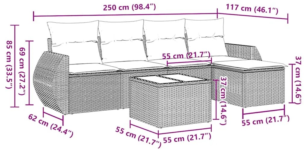 6 pcs conj. sofás jardim com almofadões vime PE cinzento-claro