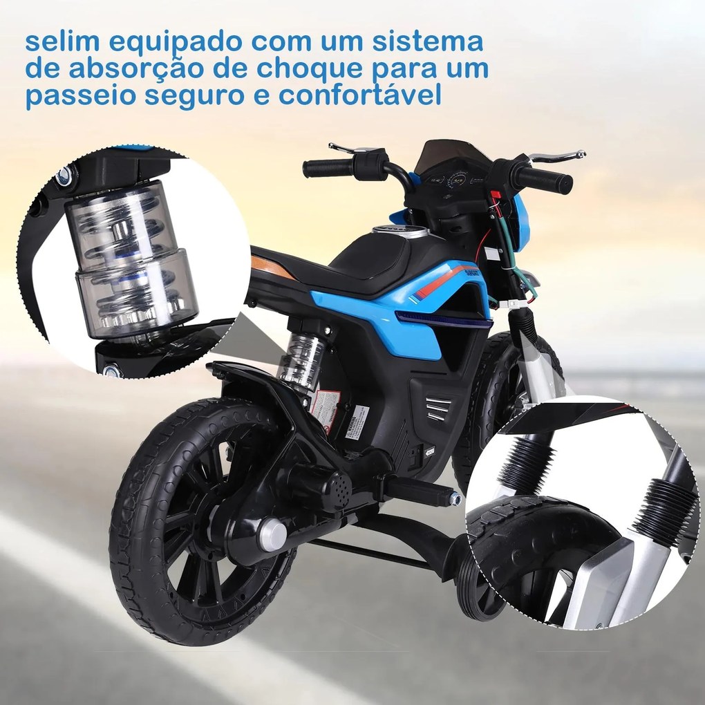 Mota Elétrica Infantil Motocicleta para Crianças acima de 3 a 5 anos Bateria 6V com Luzes e Música 105x52,3x62,3 cm Azul
