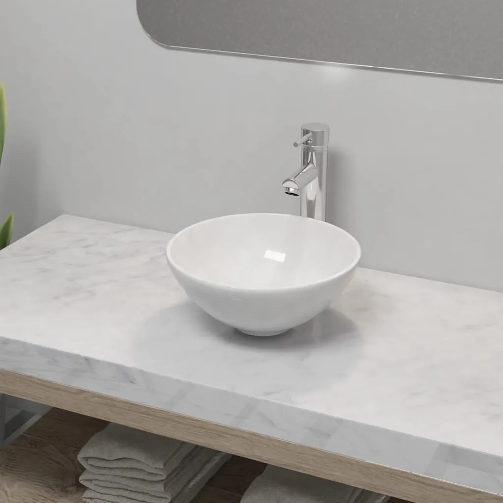 275494 vidaXL Lavatório com torneira misturadora cerâmica redondo branco