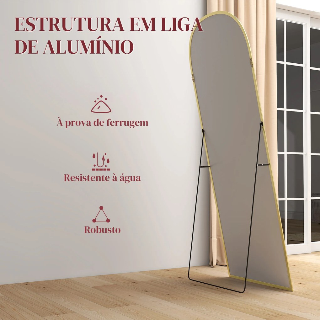 Espelho de Pé Espelho de Corpo Inteiro 60x165 cm com Estrutura de Liga de Alumínio e Suporte para Sala Quarto Dourado