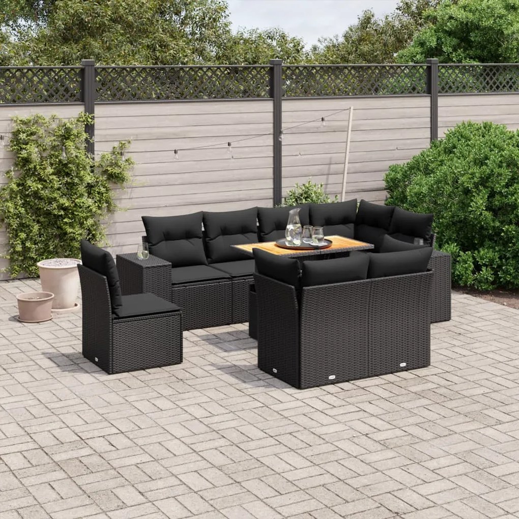 9 pcs conjunto de sofás p/ jardim c/ almofadões vime PE preto