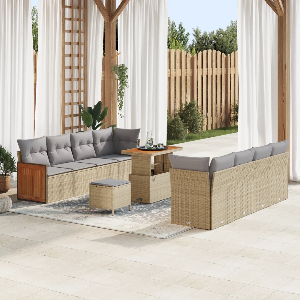 vidaXL Conjunto de Sofá de Jardim de 11 Peças com Almofadas Bege Rattan Poli Acácia