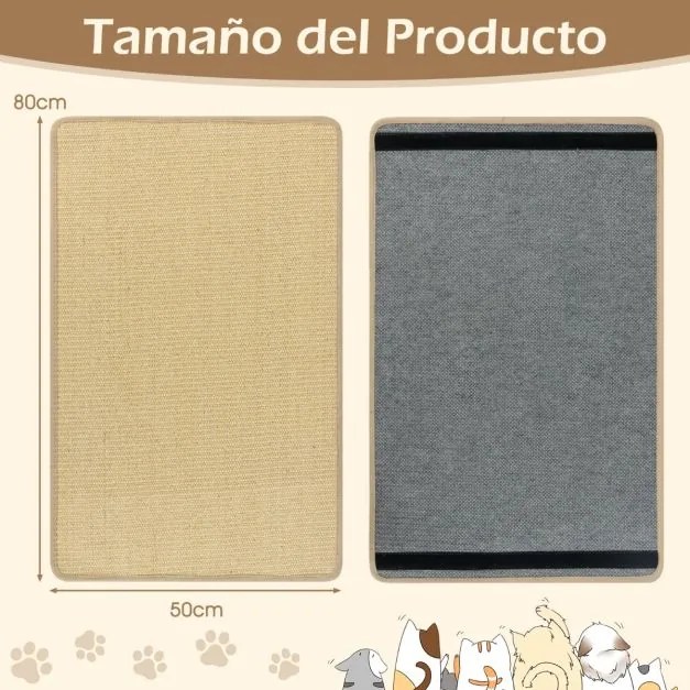 Conjunto de 2 tapetes arranhadores para gatos em sisal natural para gatos de interior, adesivos com ganchos e laços, 80 x 50 cm, natural