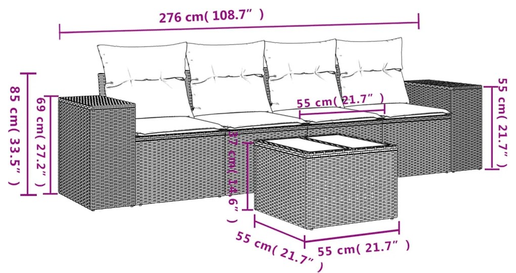 5 pcs conjunto sofás p/ jardim c/ almofadões vime PE castanho