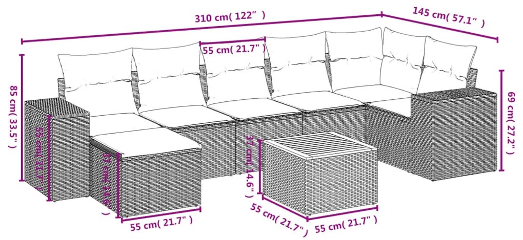 8 pcs conjunto de sofás p/ jardim com almofadões vime PE bege