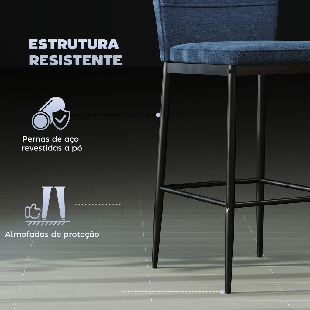 Conjunto de 2 Bancos de Bar Bancos Altos de Cozinha com Encosto e Apoio para os Pés Estofados em Veludo 41x52x97 cm Azul