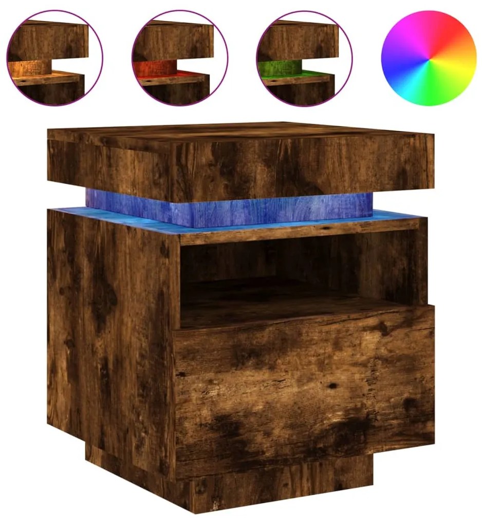 Mesas cabeceira c/ luzes LED 2 pcs 40x39x48,5cm carvalho fumado