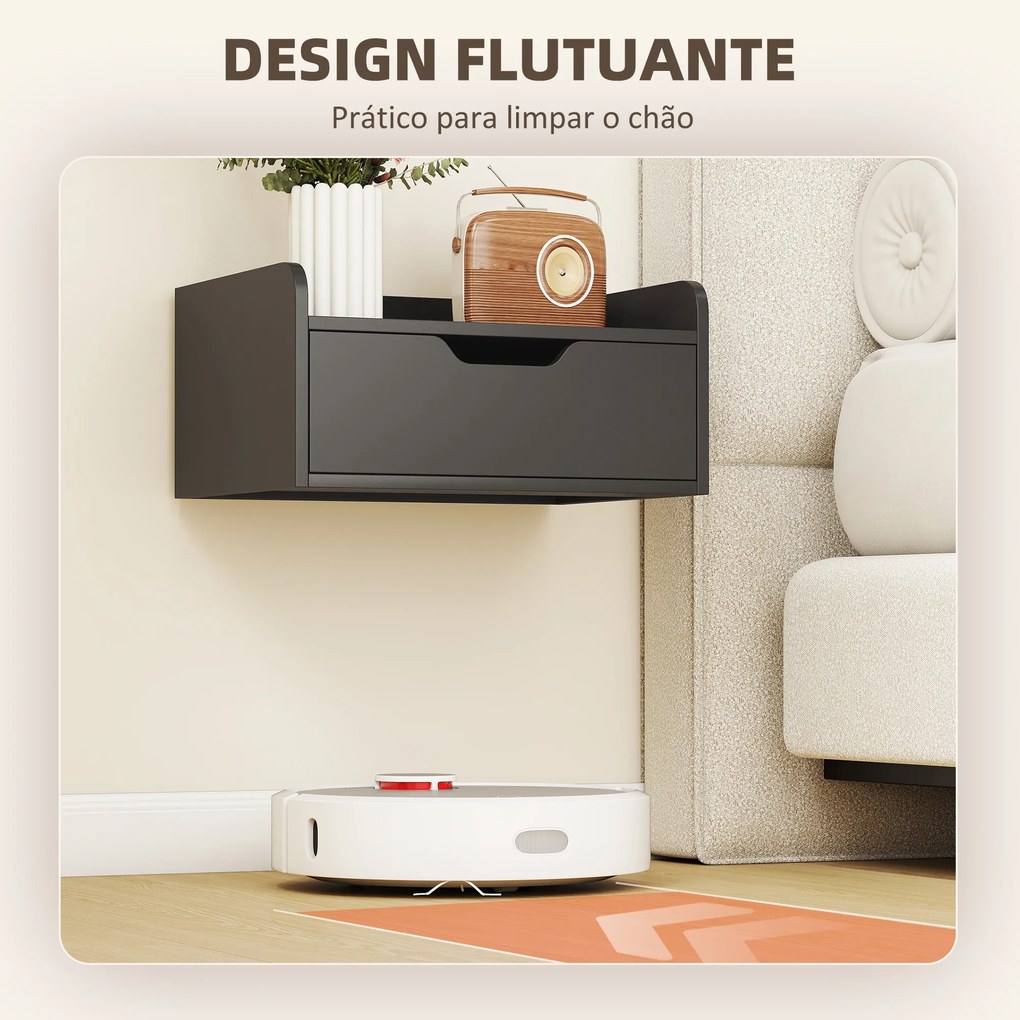 Conjunto de 2 Mesas de Cabeceira de Parede Flutuantes com 1 Gaveta para Quarto 40x30x19,5 cm Preto