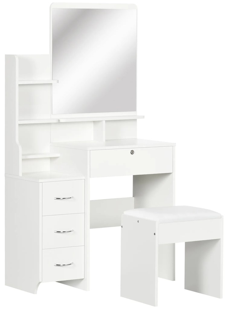 HOMCOM Toucador de Maquilhagem com Banco e Espelho Mesa de Maquilhagem com 4 Gavetas 4 Compartimentos de Armazenamento Estilo Moderno 80x38x143cm Branco
