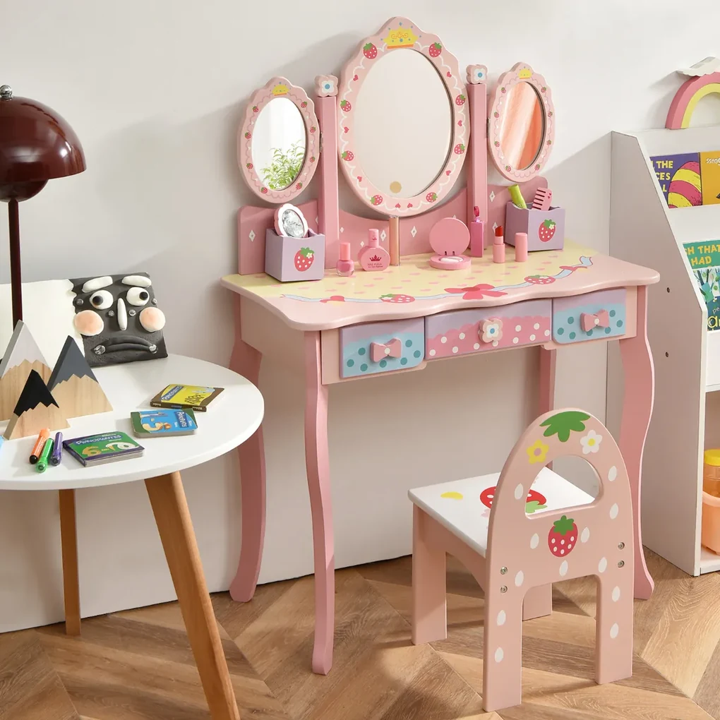 Conjunto Toucador e Banco infantil Mesa de Maquilhagem para Princesas com  Espelho Rotativo 360° Removível 3 Gavetas Branco e Rosa