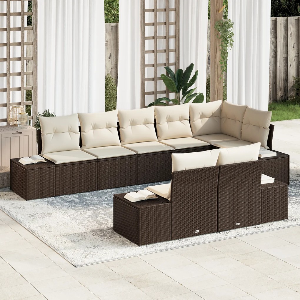 Conjunto de Sofá de Jardim de 8 Peças com Almofadas Castanho Vime Poli