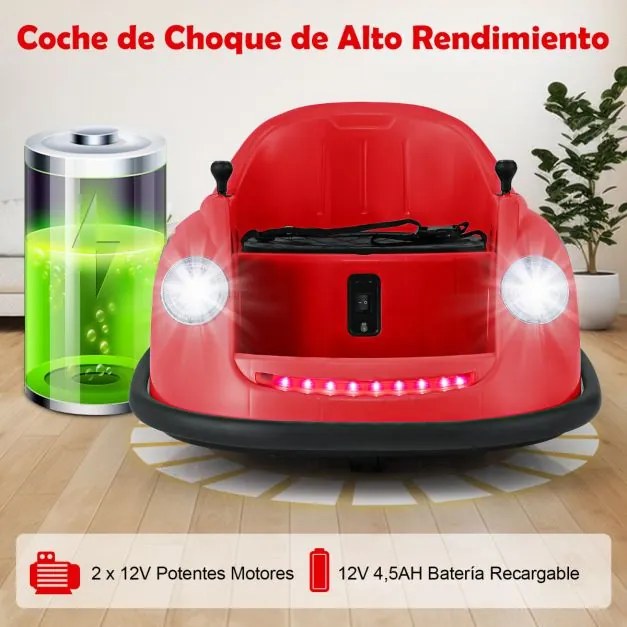 Carrinho de choques Elétrico de 12V para Crianças com Controlo Remoto Luzes LED Música 360° Giro Brinquedo para Bebés para Crianças 2-5 Anos de Idade
