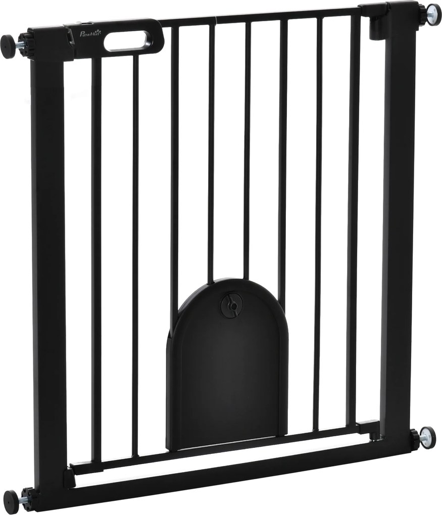 Barreira de segurança para animais com porta de fecho automático e sistema de dupla travagem, em aço preto