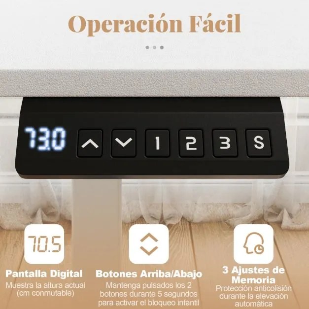 Secretária elétrica ergonómica 120 x 60 x 73-118 cm com 3 ajustes de memória e proteção anticolisão branca