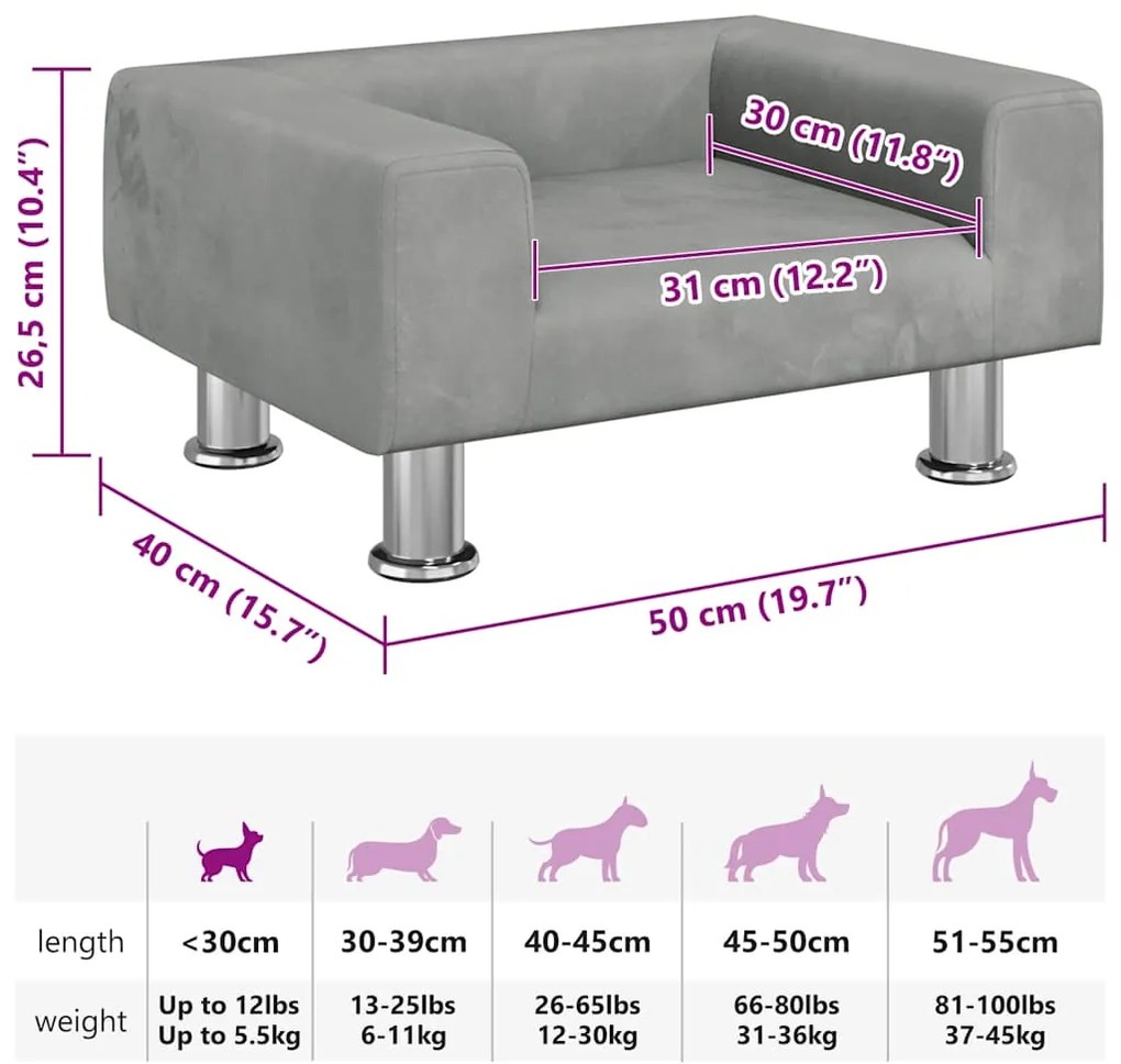 Cama para cães 50x40x26,5 cm veludo cinzento-claro