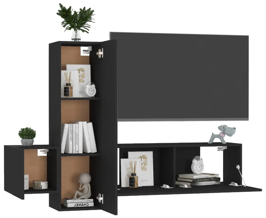 Conjunto de 3 Móveis de Parede de TV Faial L - Preto - Design Moderno