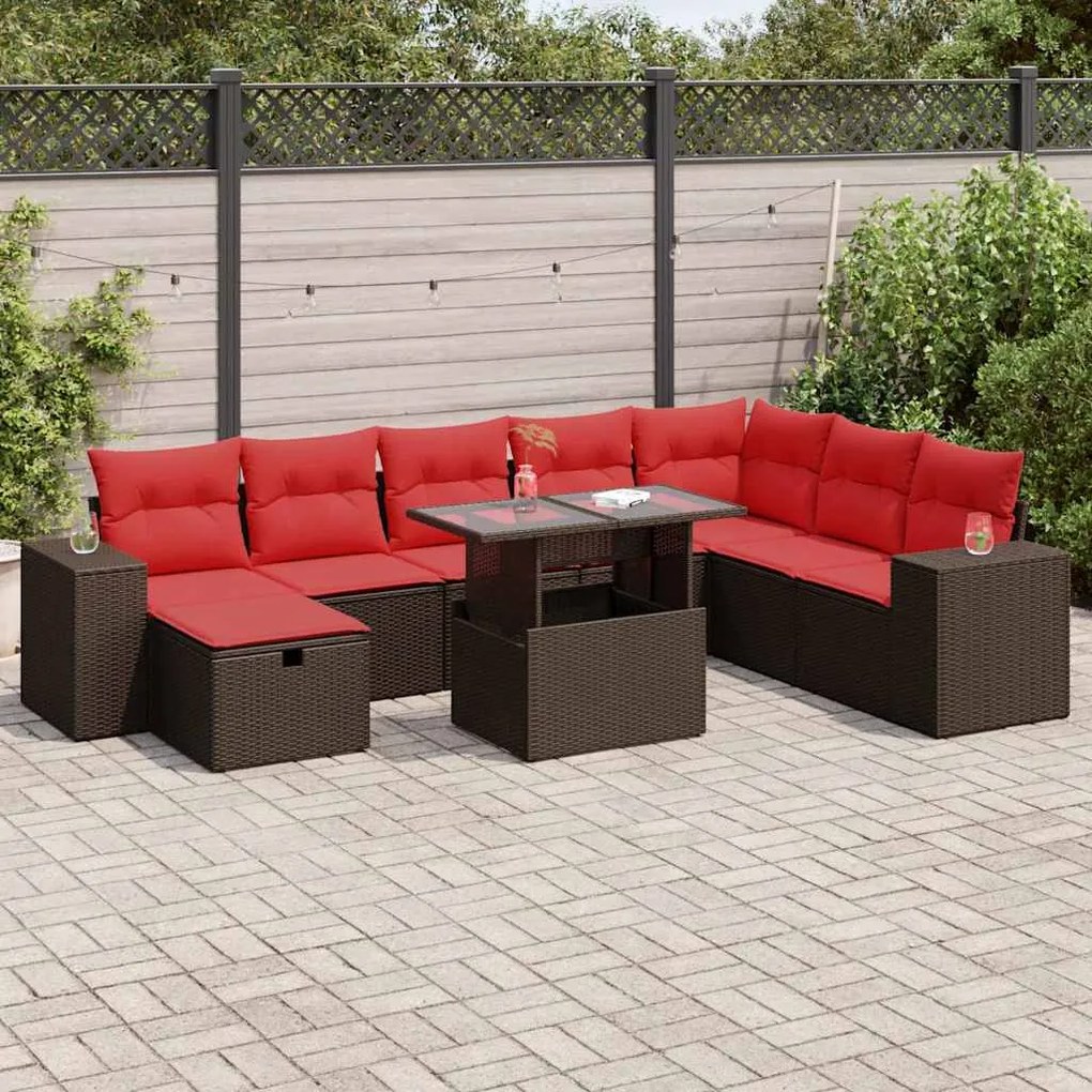 9 pcs conjunto sofás p/ jardim almofadões vime PE/acácia preto