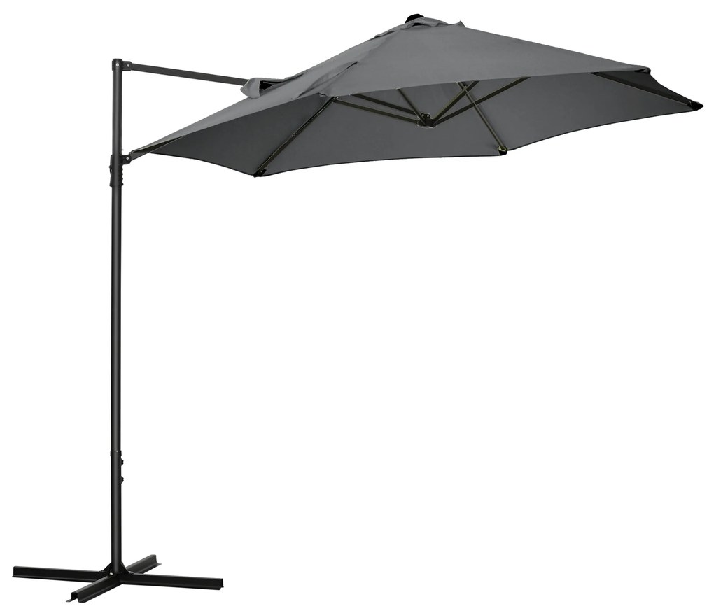 Outsunny Chapéu de Sol de Jardim Ø256x245cm Chapéu de Sol Excêntrico Rotação 360° com Abertura Manual e Base Cruzada para Pátio Varanda Exterior Cinza Escuro