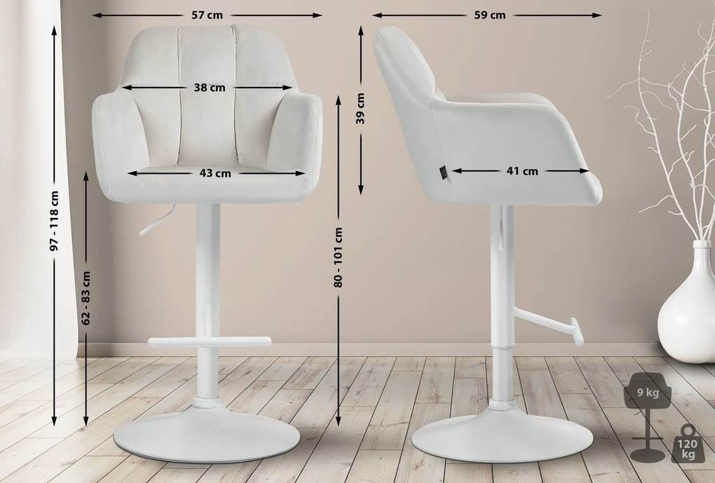Banco de bar Natoma em veludo com estrutura branca 97-118 x 57 x 59 cm Creme