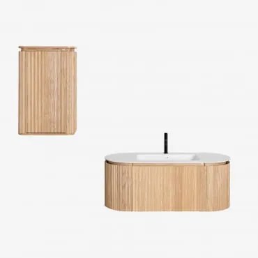 Conjunto De Móvel De Casa De Banho Suspenso Em Madeira Com Lavatório Integrado Carsone Madeira Natural & Madeira Natural & Sem Espelho & Preto Mate, 2