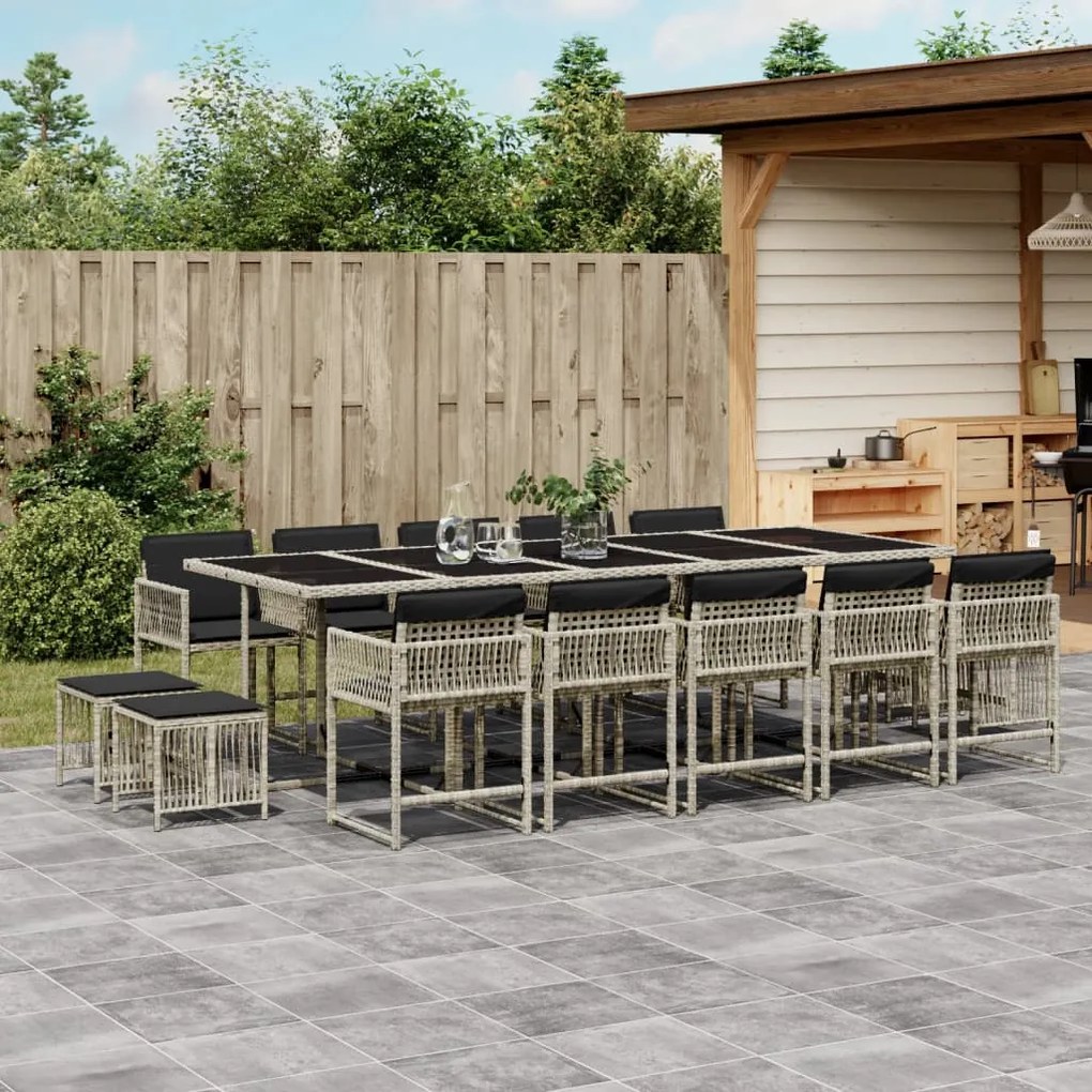 vidaXL 15 pcs conj. jantar jardim c/ almofadões vime PE cinzento-claro