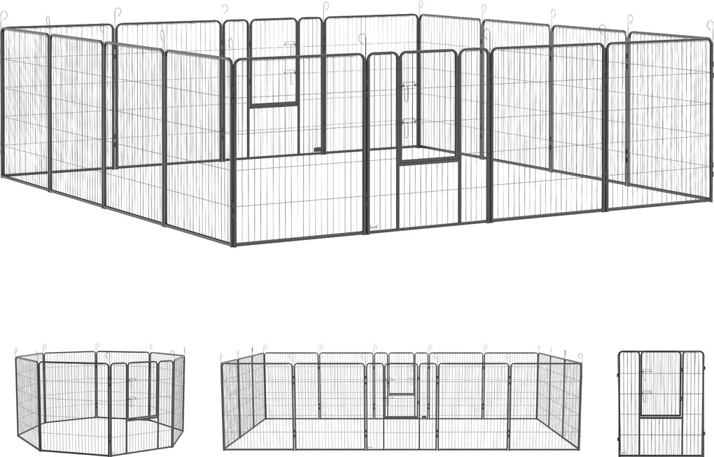 PawHut Parque para filhotes, design modular, 16 elementos, 2 portas, resistente ao tempo, aço, 3,2 x 3,2 x 1 m, cinza | Aosom Portugal