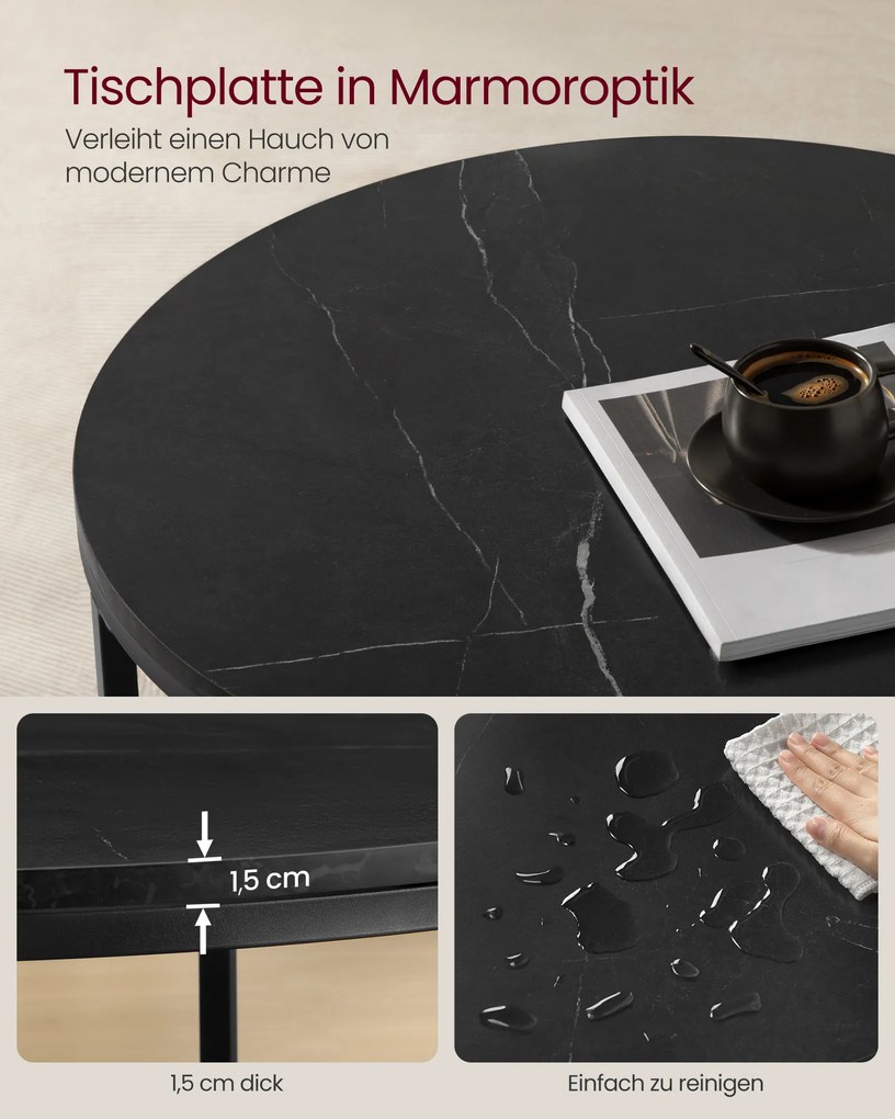 Mesa de centro 65 x 46 cm (Ø x A) de 2 níveis com tampo em efeito mármore-Preto