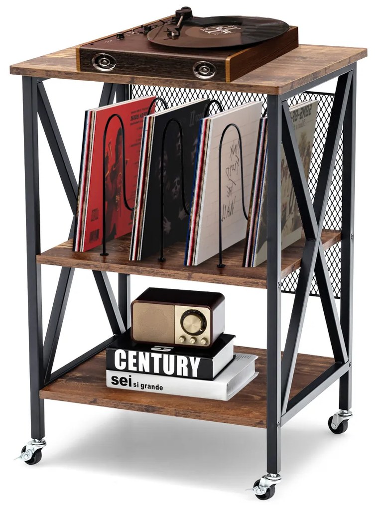 Mesa Auxiliar 3 Níveis para Discos vinil 52 x 45 x 75 cm Suporte de Armazenamento de Vinil 3 Divisórias Castanho