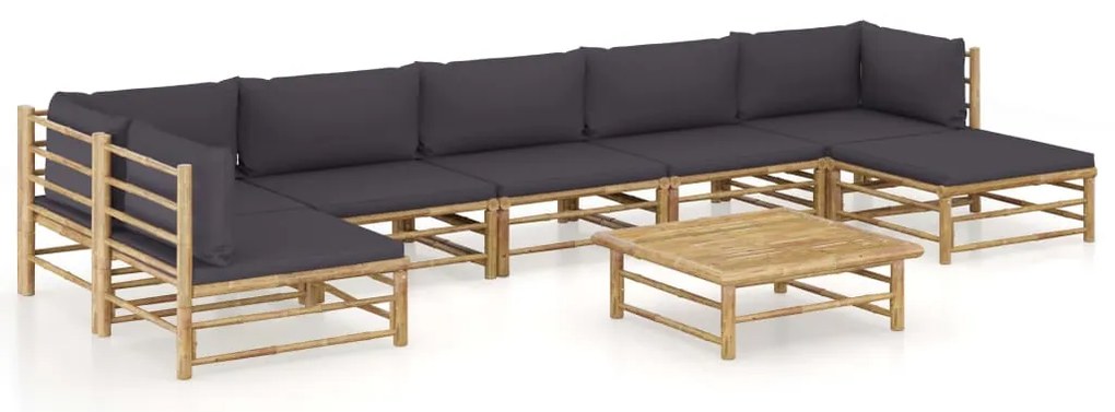 8 pcs conj. lounge jardim em bambu c/ almofadões cinza-escuro