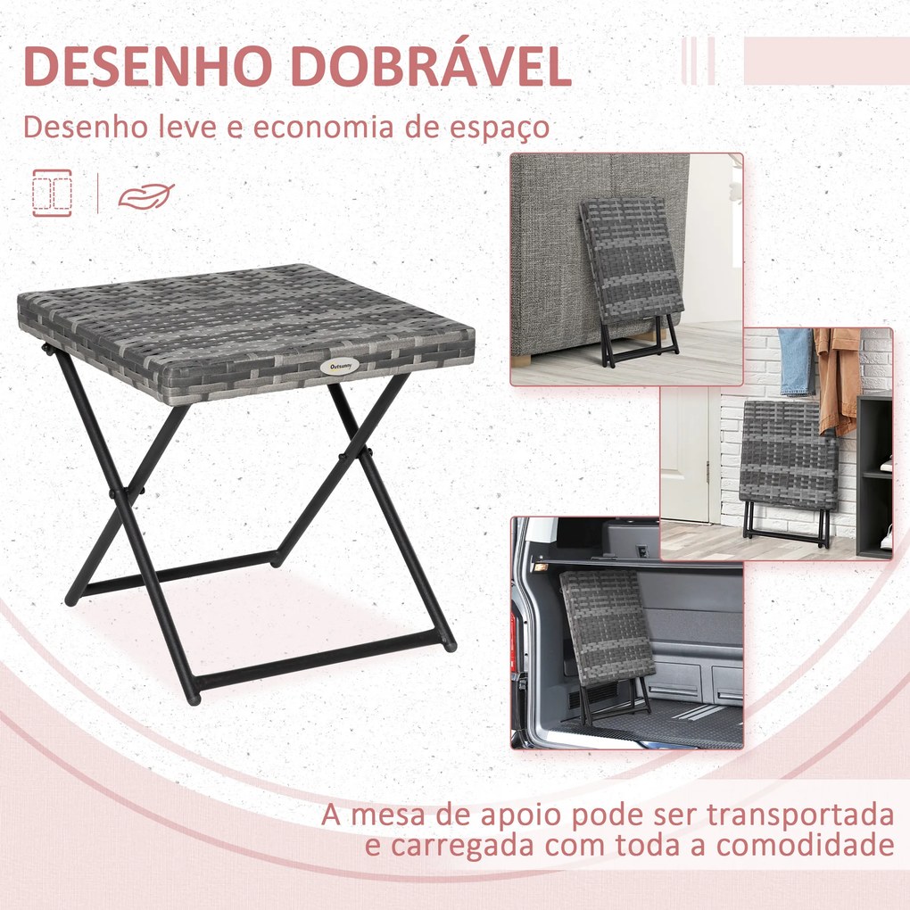 Mesa de Jardim em Vime Sintético Mesa Dobrável com Pés Cruzados e Estrutura de Aço para Pátio Varanda 40x40x40 cm Cinza