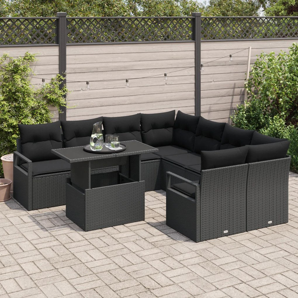 Conjunto de Sofá de Jardim vidaXL 9 Peças com Almofadas em Rattan Polí