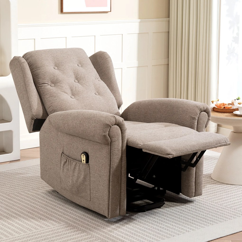 Poltrona Relax Reclinável Elétrica Poltrona Elevatória com Encosto Alto Capitonê Controlo Remoto 85x91x103 cm Castanha claro