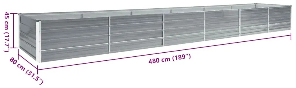 Canteiro elevado de jardim aço galvanizado 480x80x45cm cinzento