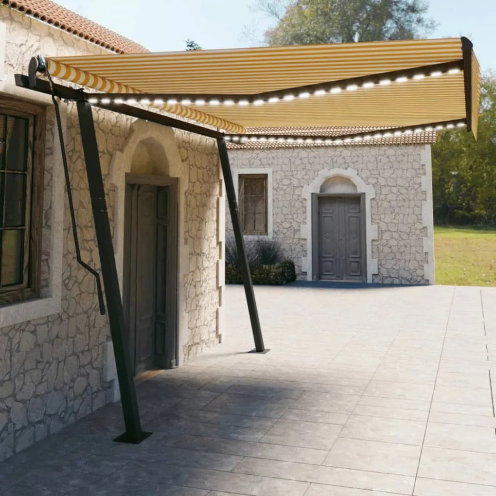 Toldo autom. LED e sensor de vento 4,5x3 m amarelo e branco