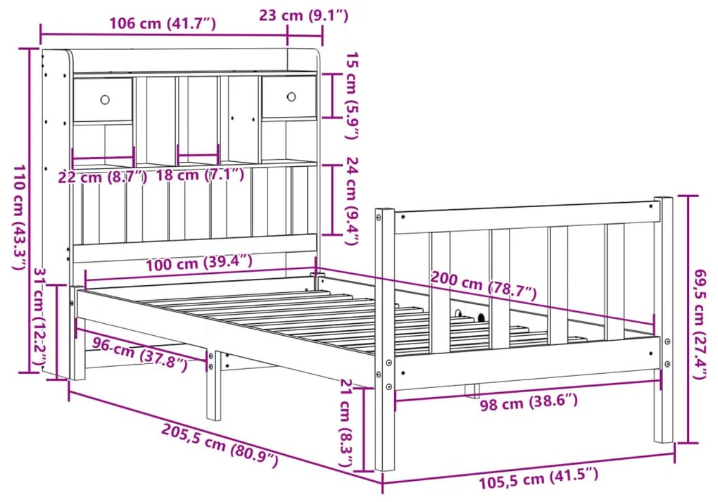 Cama c/ estante sem colchão 100x200cm pinho maciço castanho-mel