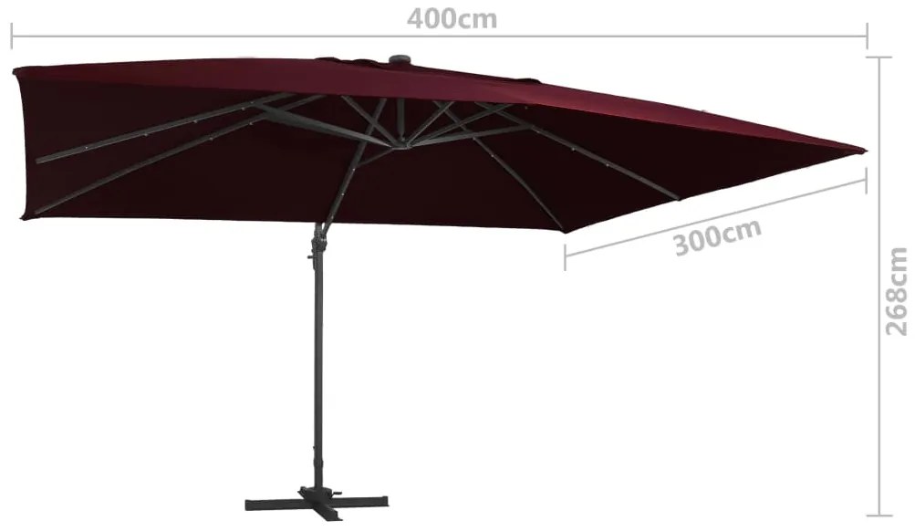 Guarda-sol de jardim cantilever c/ luzes LED 400x300 cm bordô