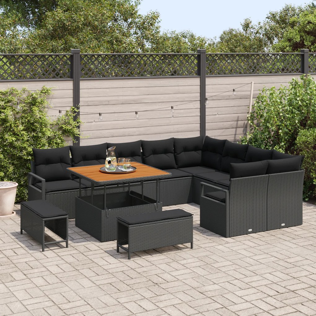 Conjunto de Sofás de Jardim com 12 Peças com Almofadas Preto Rattan Ac
