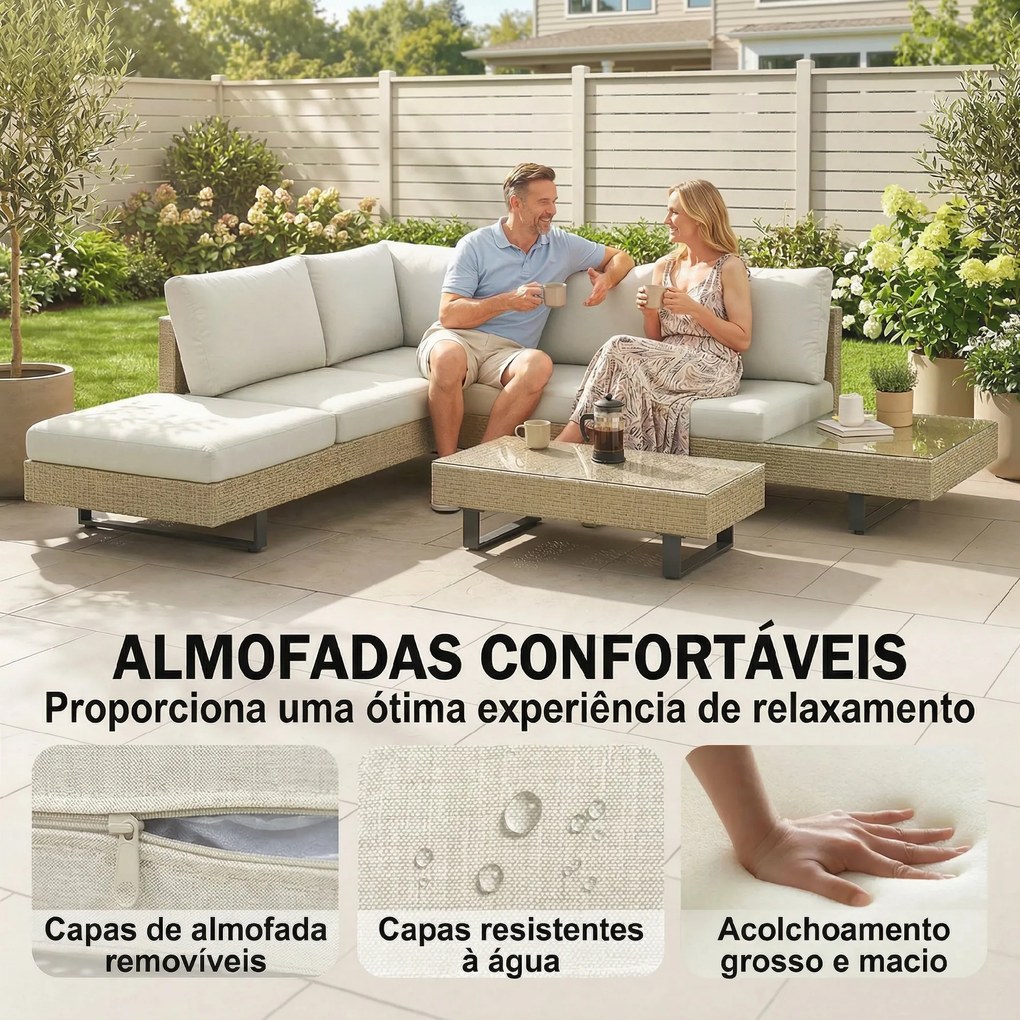 Conjunto de Jardim em Vime de 3 Peças com Sofá Modular de 3 e 2 Lugares Mesa Lateral e Mesa de Centro Bege