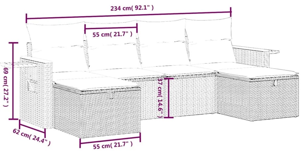 6 pcs conjunto sofás de jardim c/ almofadões vime PE preto