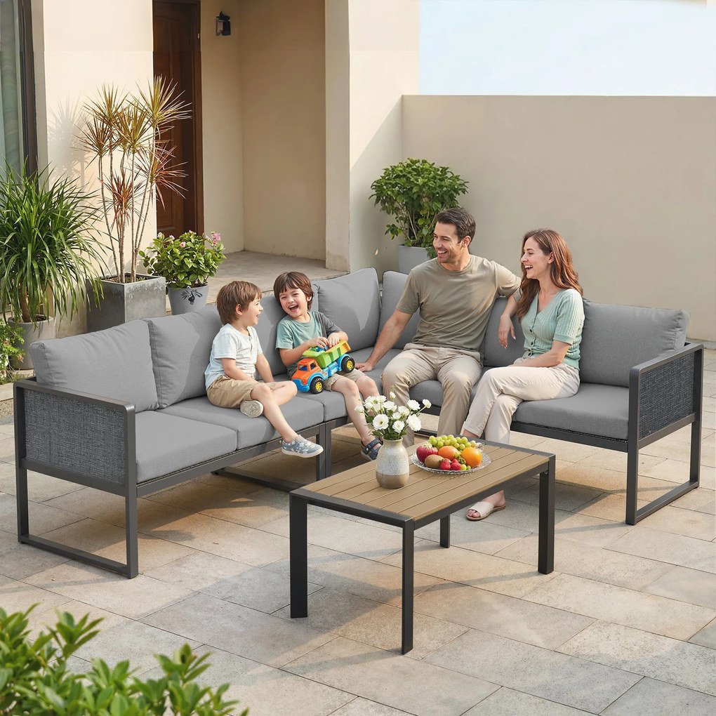Conjunto de jardim modular de canto para 6 pessoas, sofás, mesa de centro e almofadas, cinzento escuro