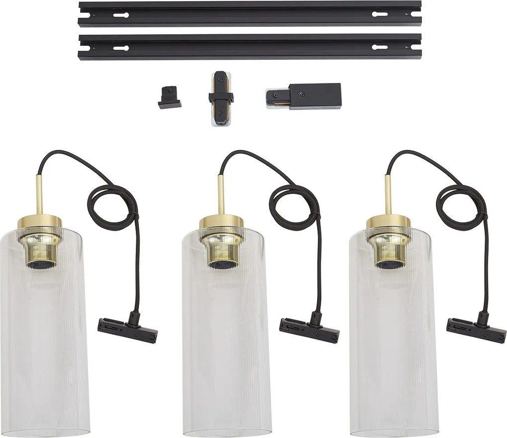 Sistema de Calhas Moderno Preto com 3 Candeeiros Pendentes Dourado com Vidro Transparente Monofásico - Iconic Laura