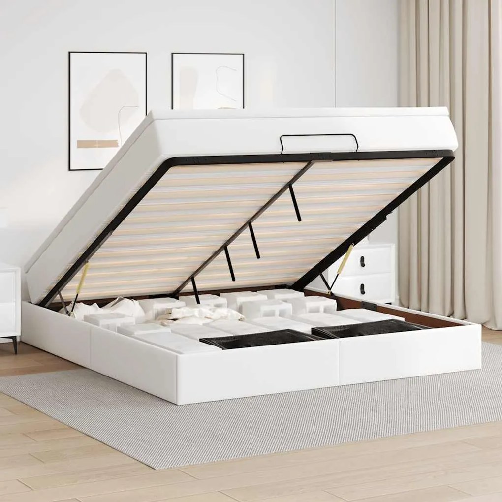 Estrutura de cama otomana com colchão branco couro falso