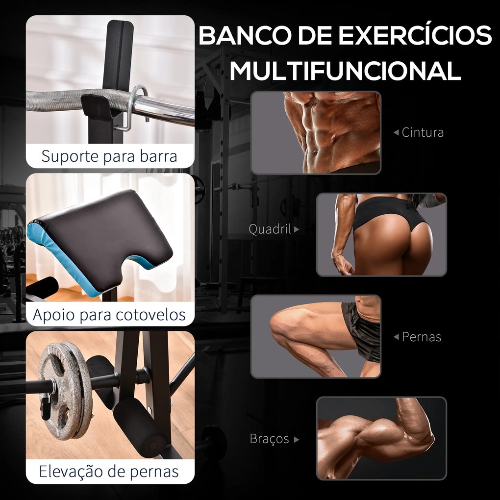 Banco de Musculação Multifuncional (PESOS E BARRA NÃO INCLUIDA) com Suporte para Barras e Encosto Ajustável 155x56,5x120 cm Preto e Azul
