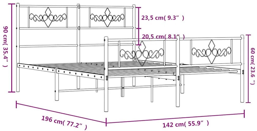 Estrutura de cama com cabeceira e pés 135x190 cm metal preto