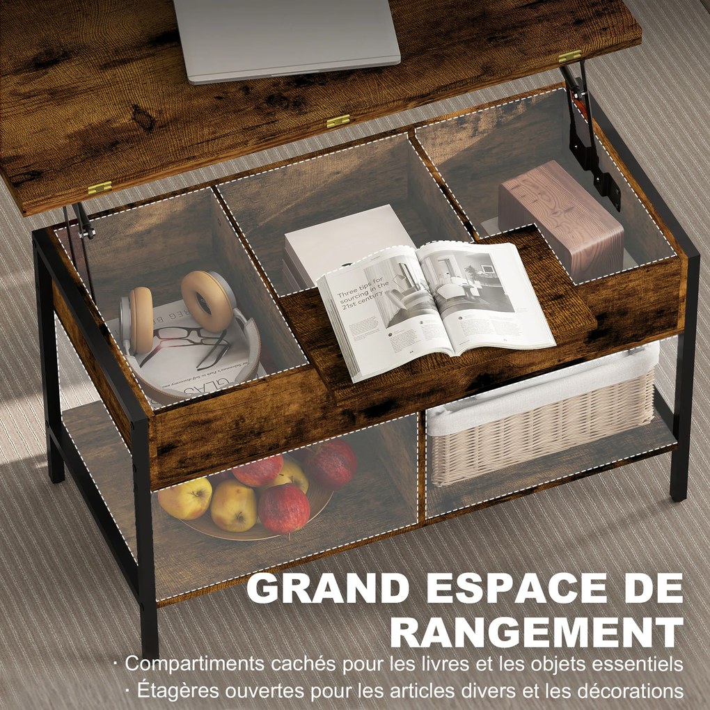 Mesa de centro elevável e extensível, com compartimento oculto e prateleiras abertas, 98 x 49 x 55 cm, castanho rústico