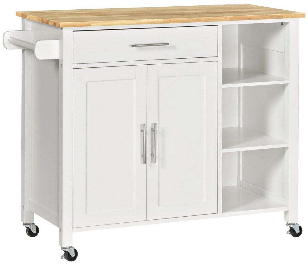 HOMCOM Ilha de Cozinha Carrinho de Cozinha com Rodas 1 Gaveta 2 Portas 3 Prateleiras Abertas e Barra lateral 107,5x48x89cm Branco | Aosom Portugal